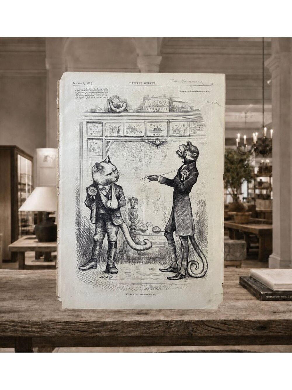 1877 Thomas Nast No More Chestnuts Cats Original Harper’s Weekly Engraving